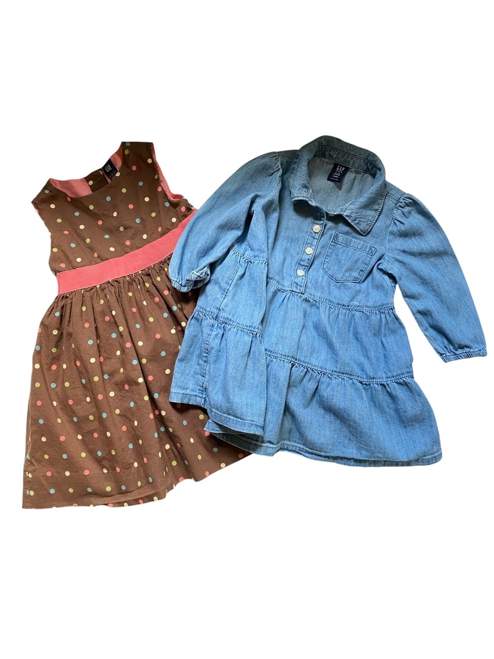 Baby Gap Dress Bundle 100% Cotton Brown Polka Dot & Blue Denim Chambray 18-24 mo